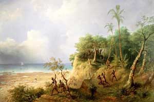 An Australian landscape painting with European explorers and Australian Aborigines by R.B. Beechey 1863